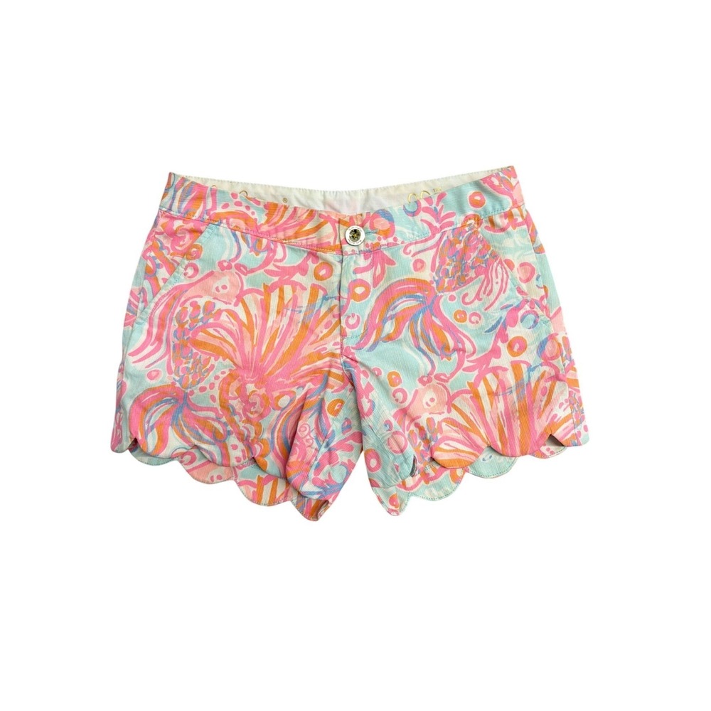 Lilly Pulitzer Buttercup Scalloped Hem Corduroy Shorts Pink Blue Sea Print 00
